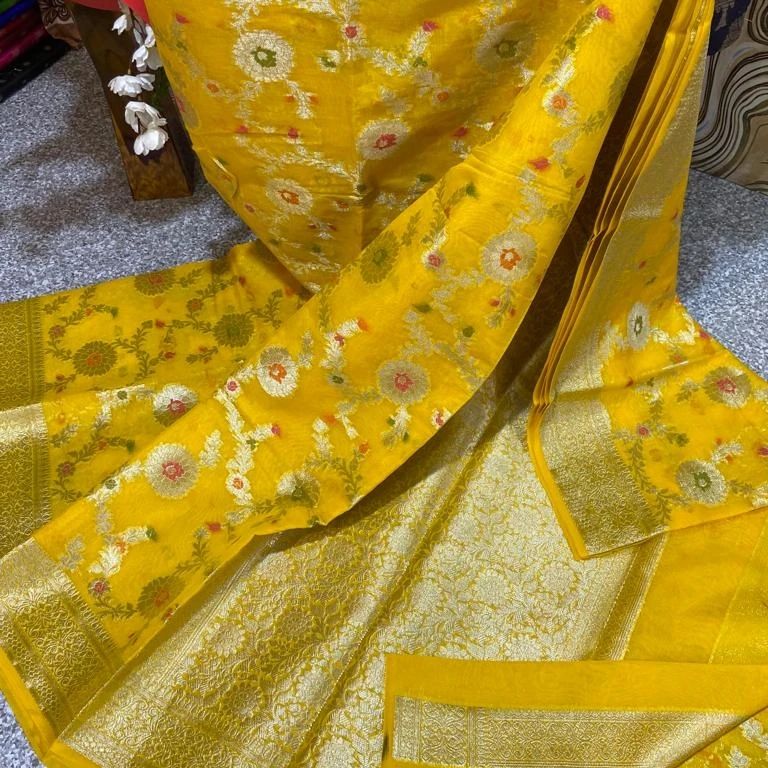 Yellow minakari Banaras Soft Georgette Jaal silk