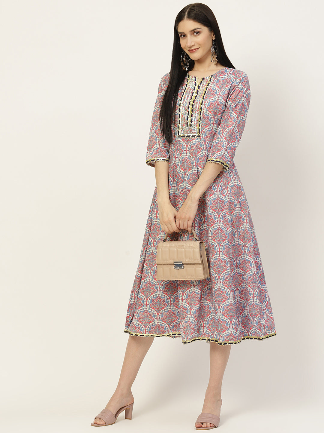 Blue & Pink Printed Fit & Flare Dress - AbirabyBeena