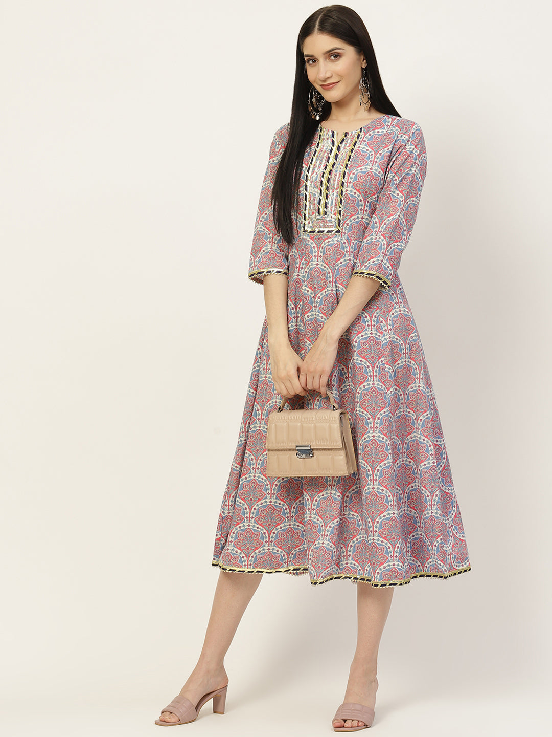 Blue & Pink Printed Fit & Flare Dress