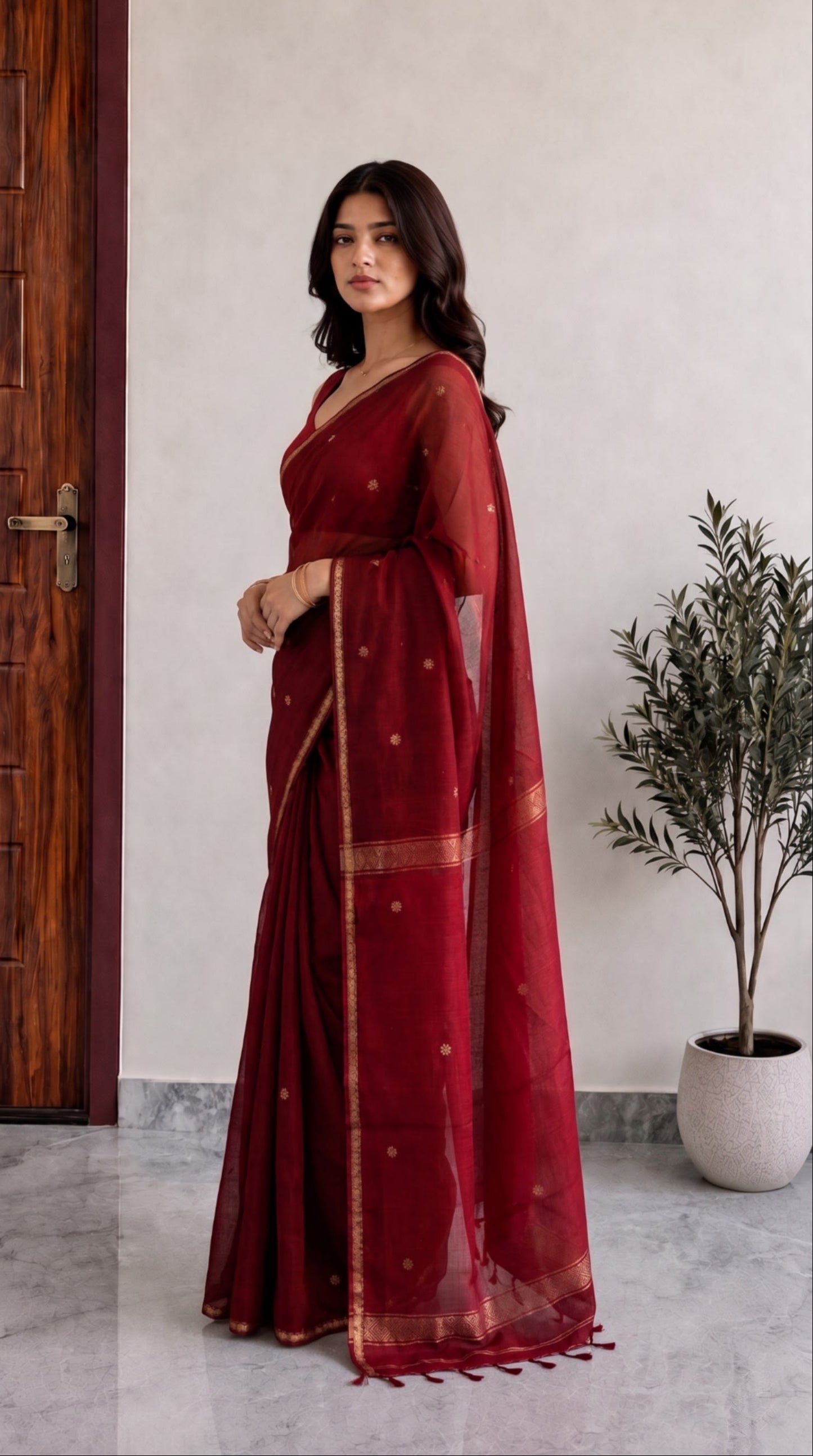 Red Maheshwari Cotton Saree