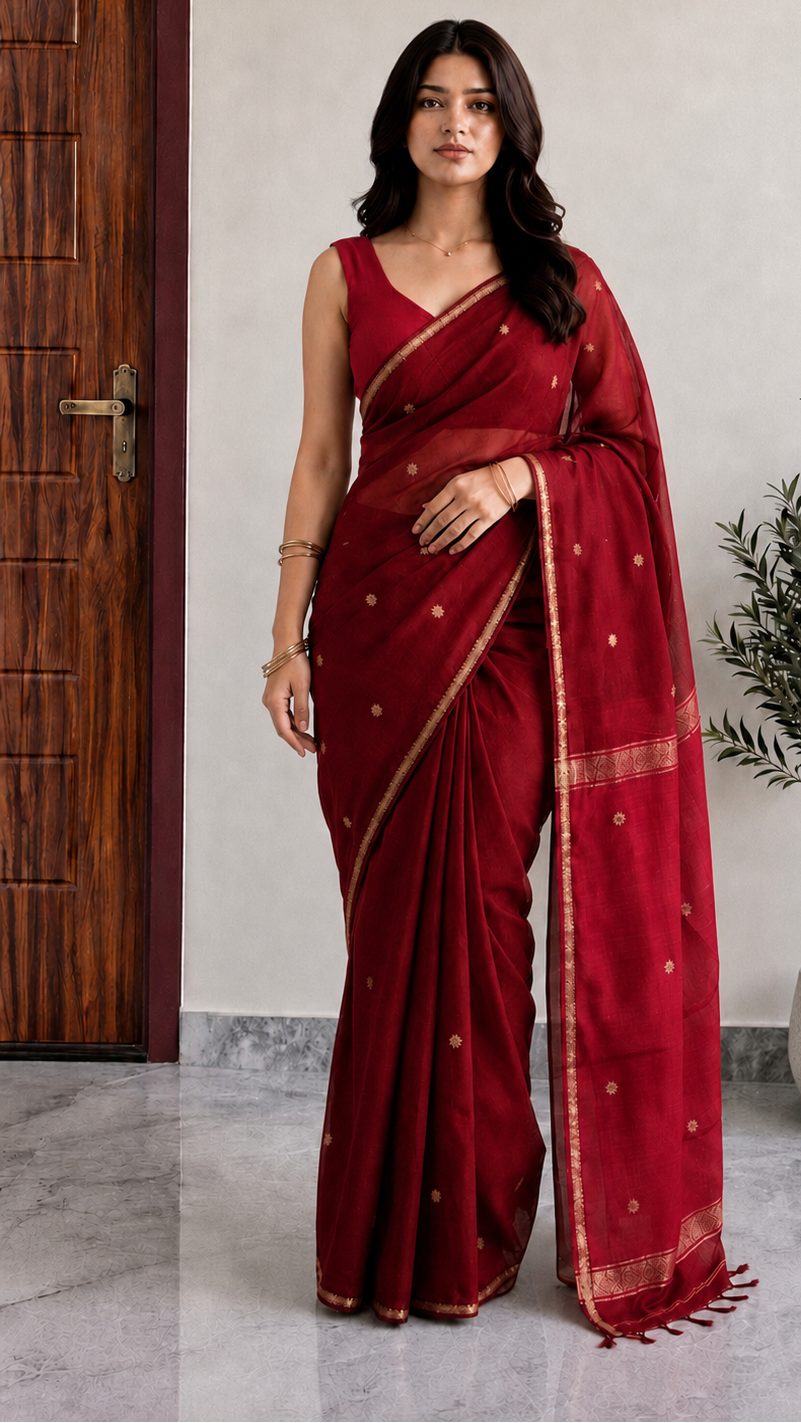 Red Maheshwari Cotton Saree