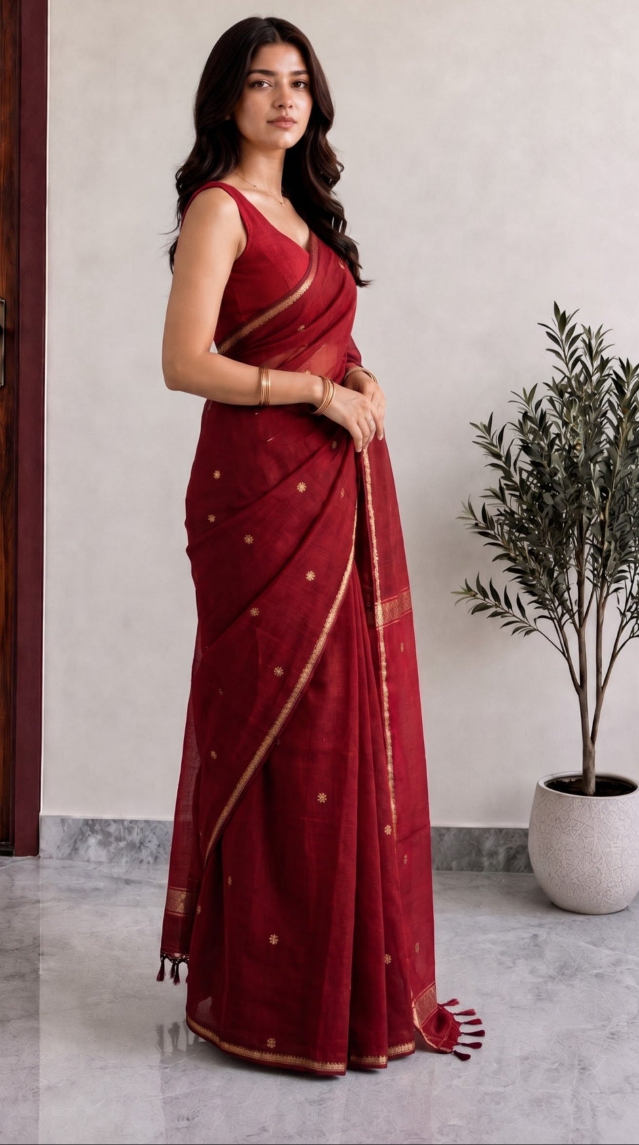 Red Maheshwari Cotton Saree
