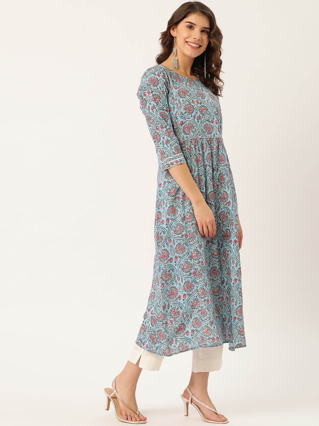 Pure Cotton Blue Printed A-line Kurta Suit Set With Dupatta