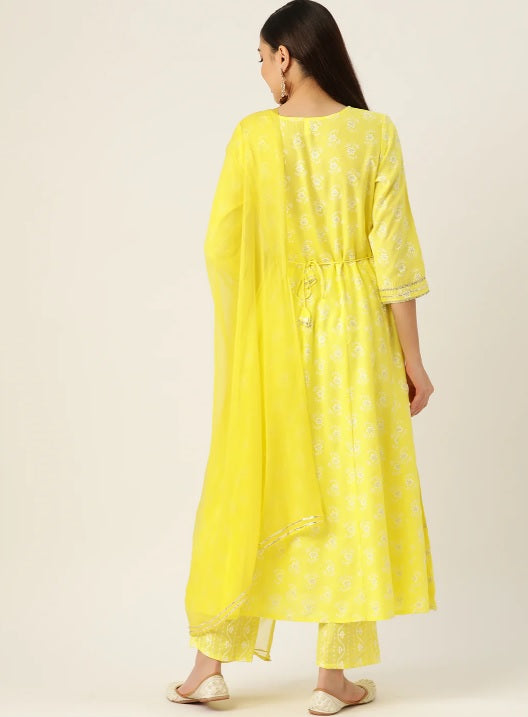 Lime Anarkali Kurta set With Chiffon Dupatta
