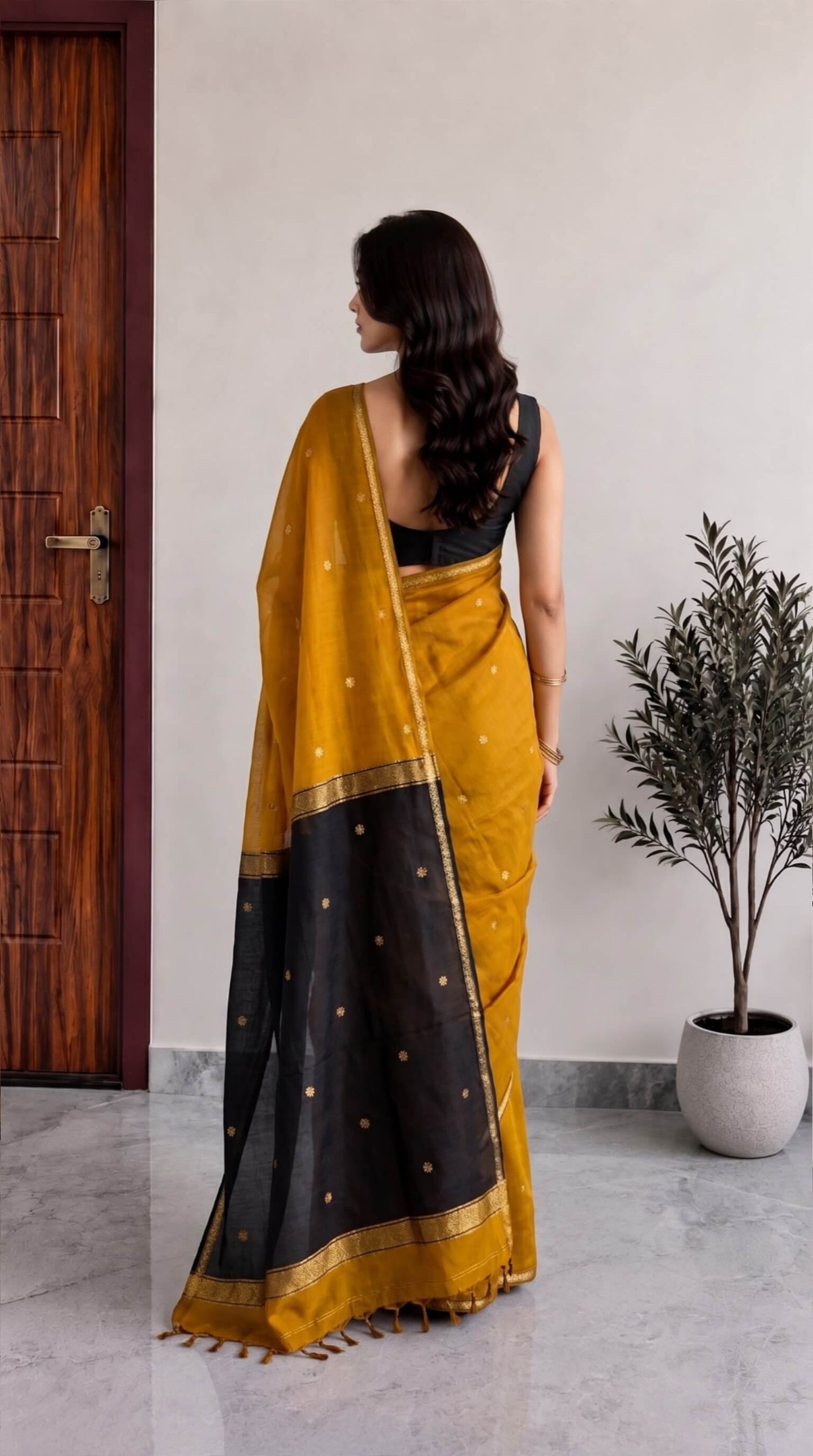 Mustard Maheshwari Cotton Saree with Black Pallu