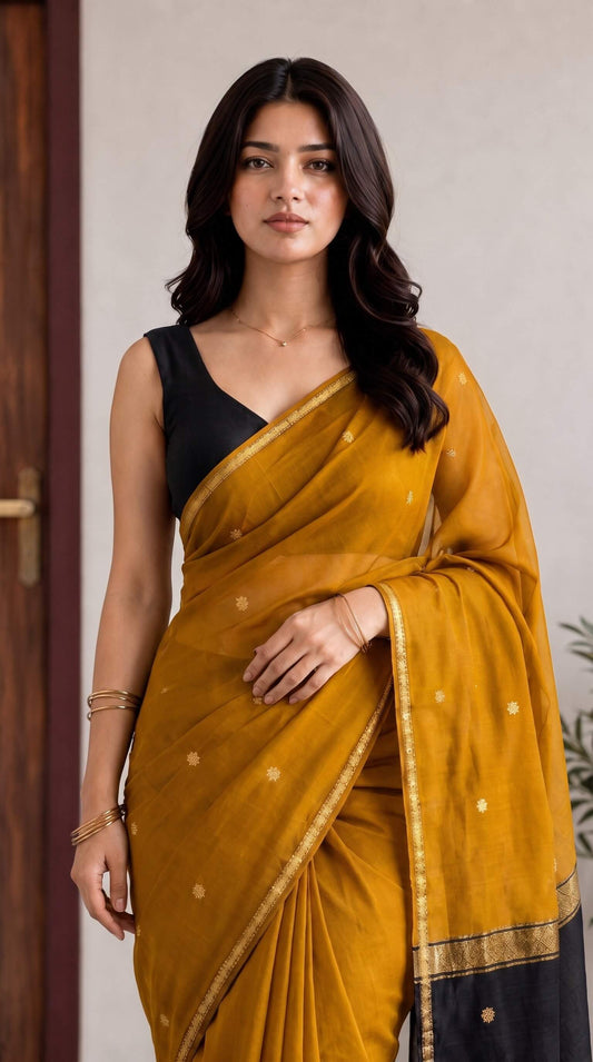 Mustard Maheshwari Cotton Saree with Black Pallu