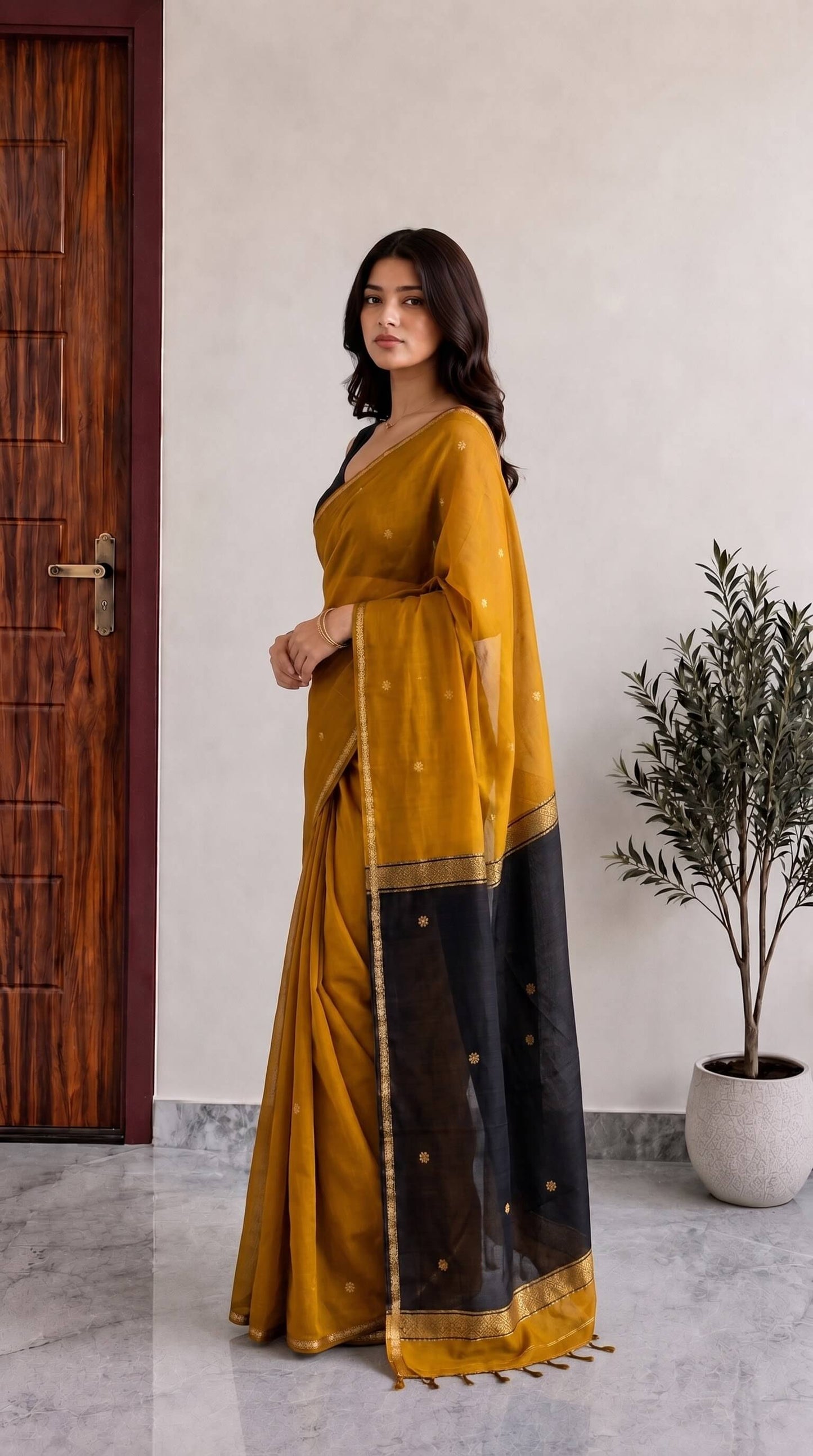 Mustard Maheshwari Cotton Saree with Black Pallu