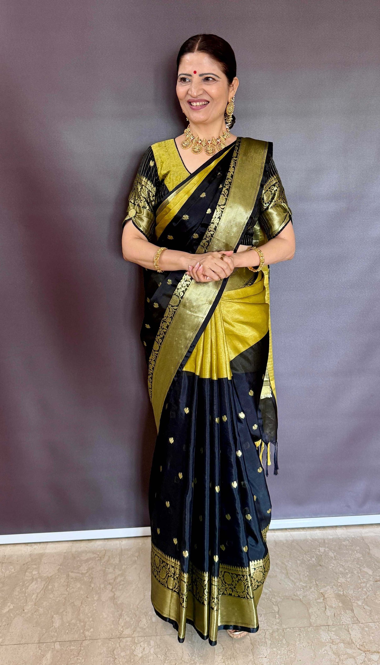 Dual Tone Soft Silk Saree – Black & Antique Gold