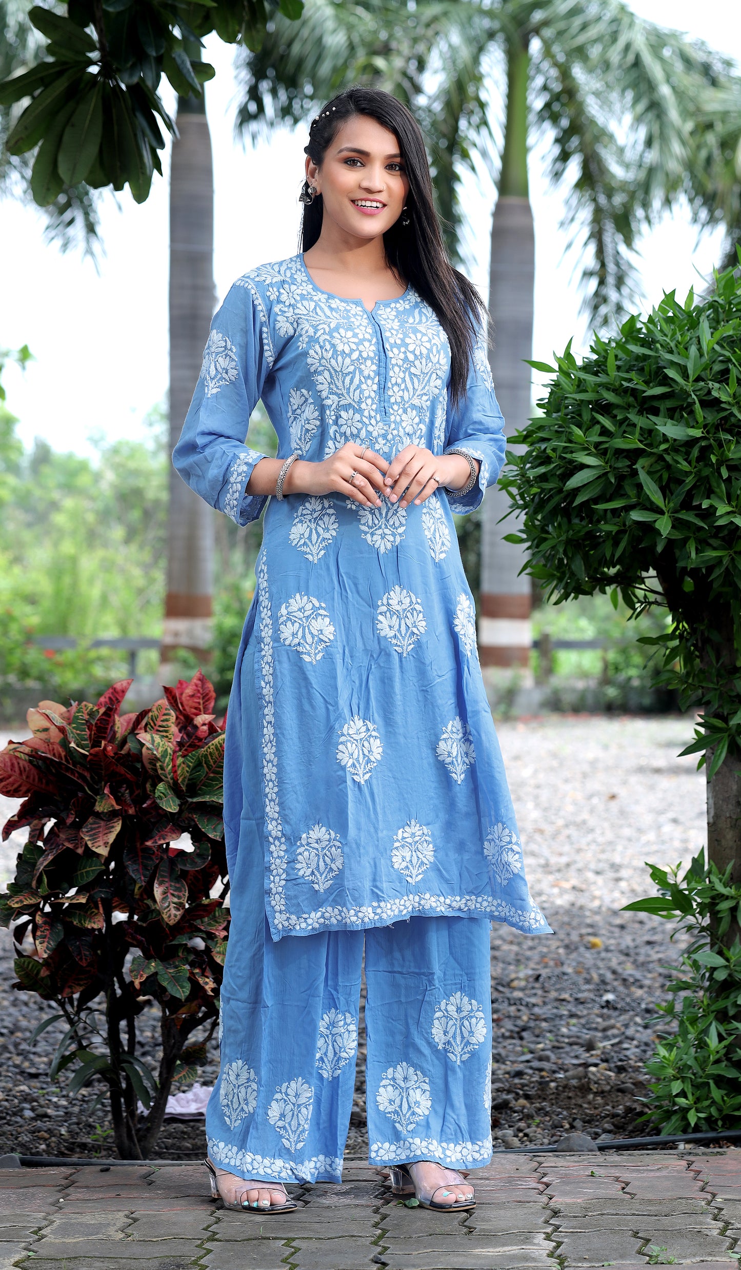 Sky Blue Chikankari Modal Straight Kurta Set