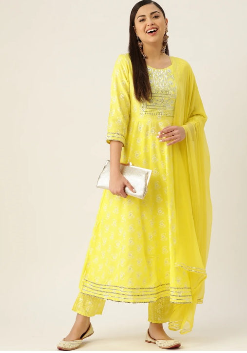 Lime Anarkali Kurta set With Chiffon Dupatta
