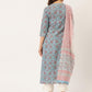 Pure Cotton Blue Printed A-line Kurta Suit Set With Dupatta