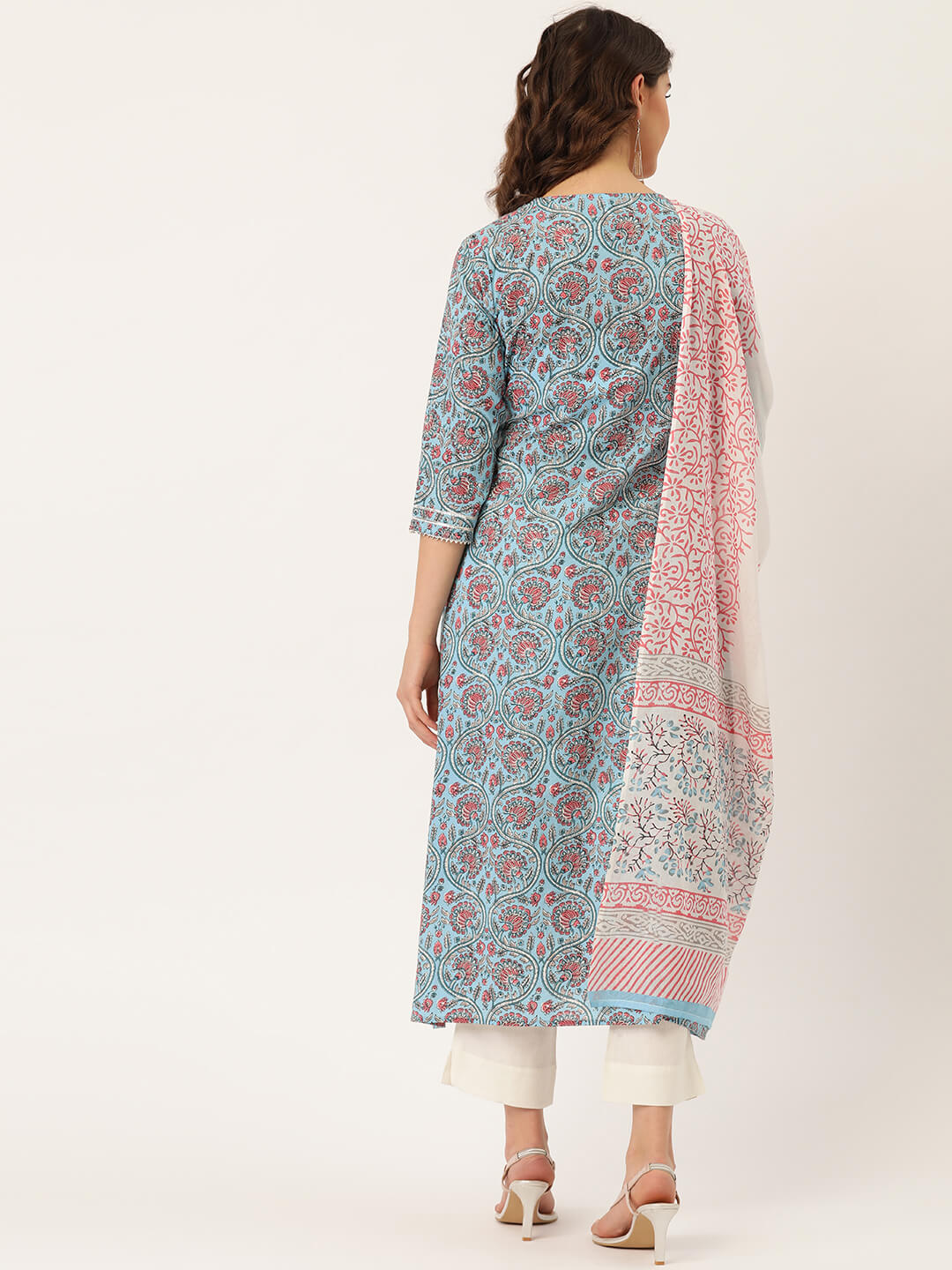 Pure Cotton Blue Printed A-line Kurta Suit Set With Dupatta