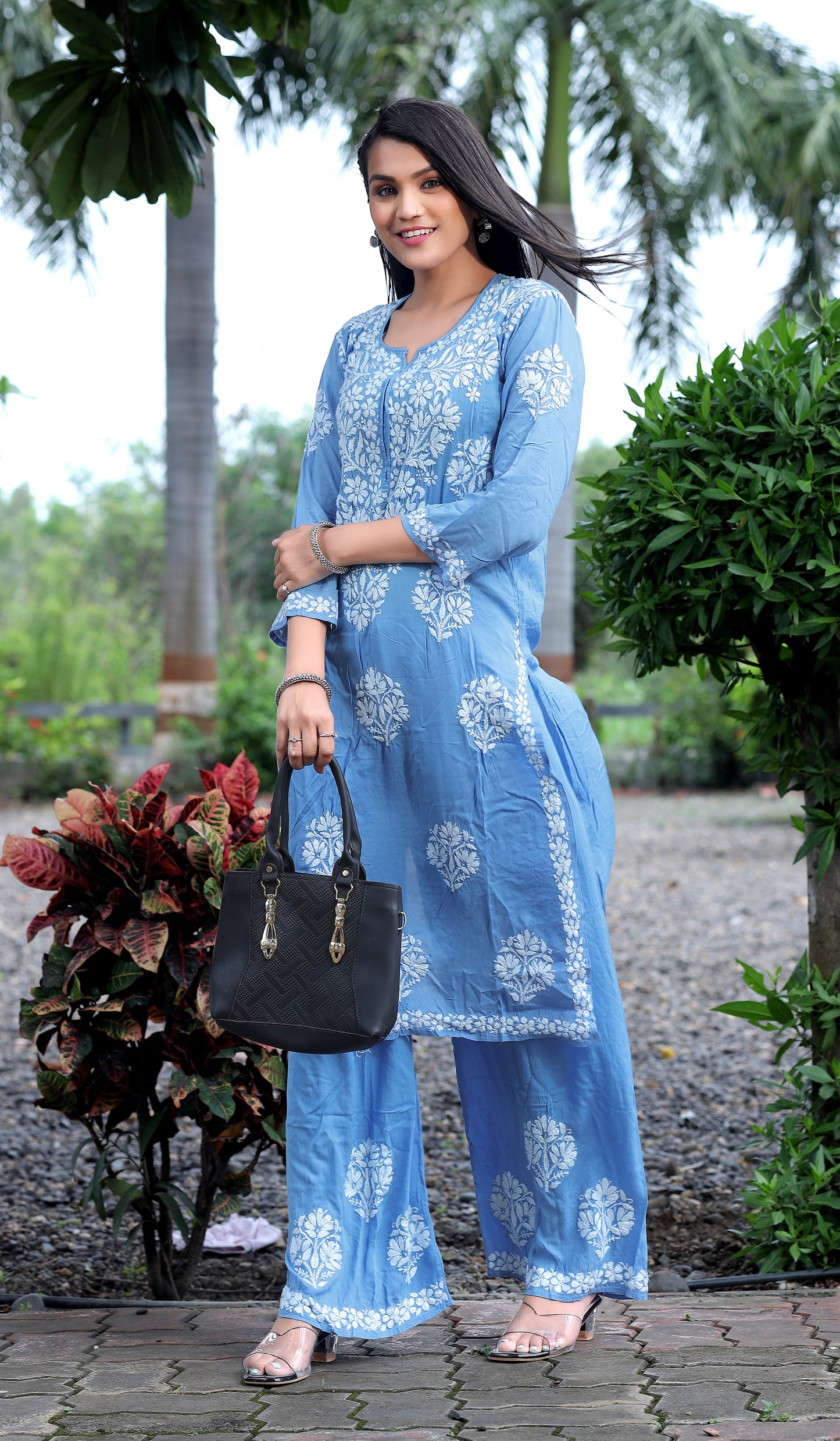 Sky Blue Chikankari Modal Straight Kurta Set