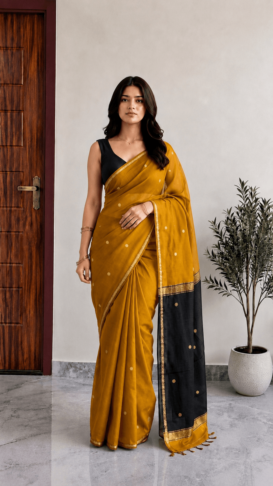Mustard Maheshwari Cotton Saree with Black Pallu