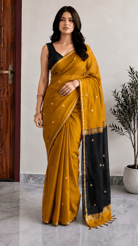 Mustard Maheshwari Cotton Saree with Black Pallu