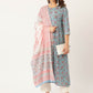 Pure Cotton Blue Printed A-line Kurta Suit Set With Dupatta