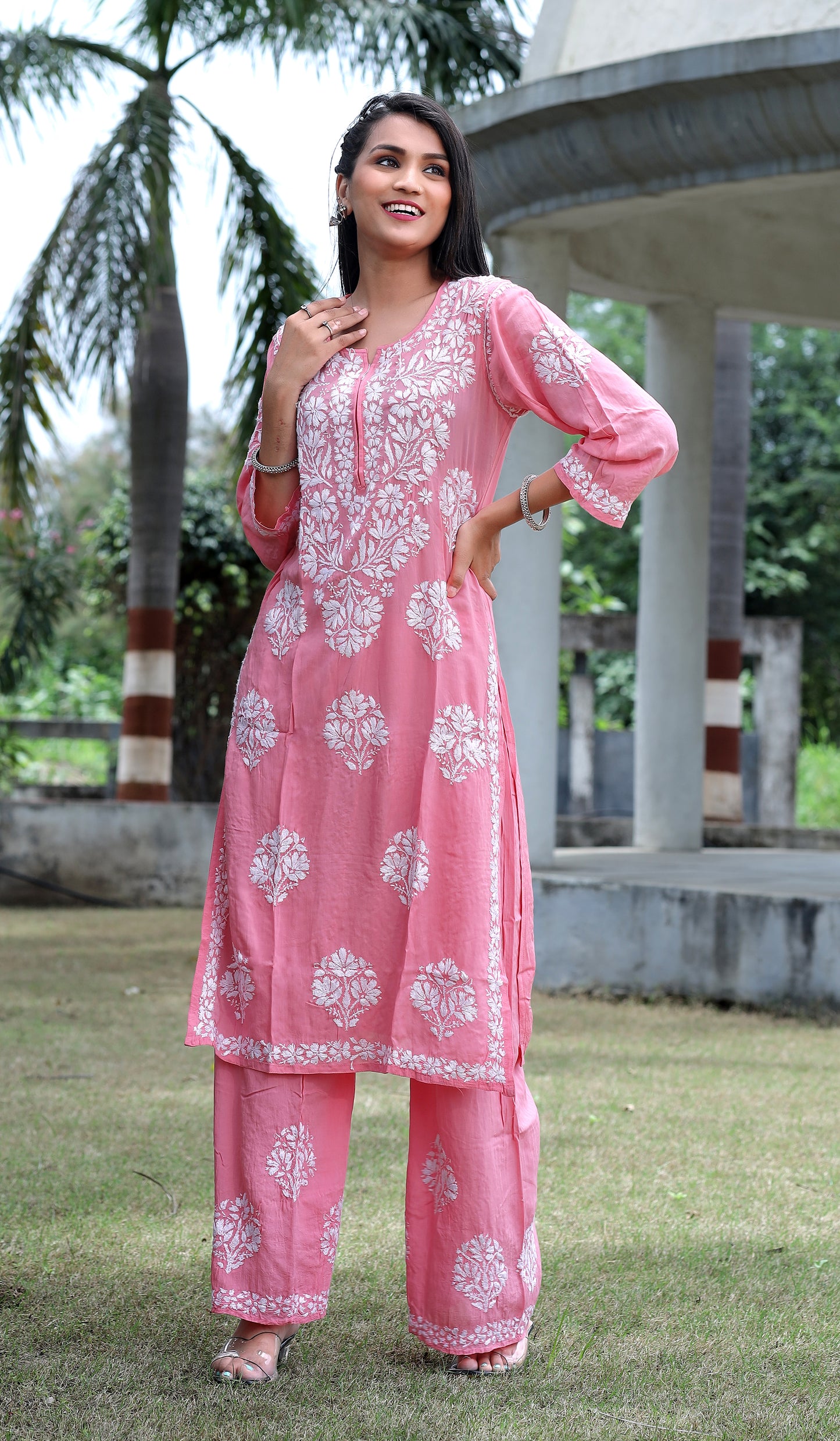 Peach Chikankari Modal Straight Kurta Set