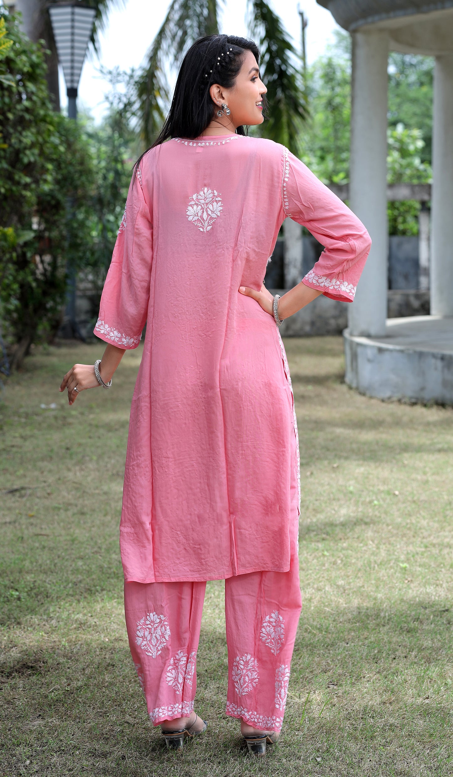 Peach Chikankari Modal Straight Kurta Set