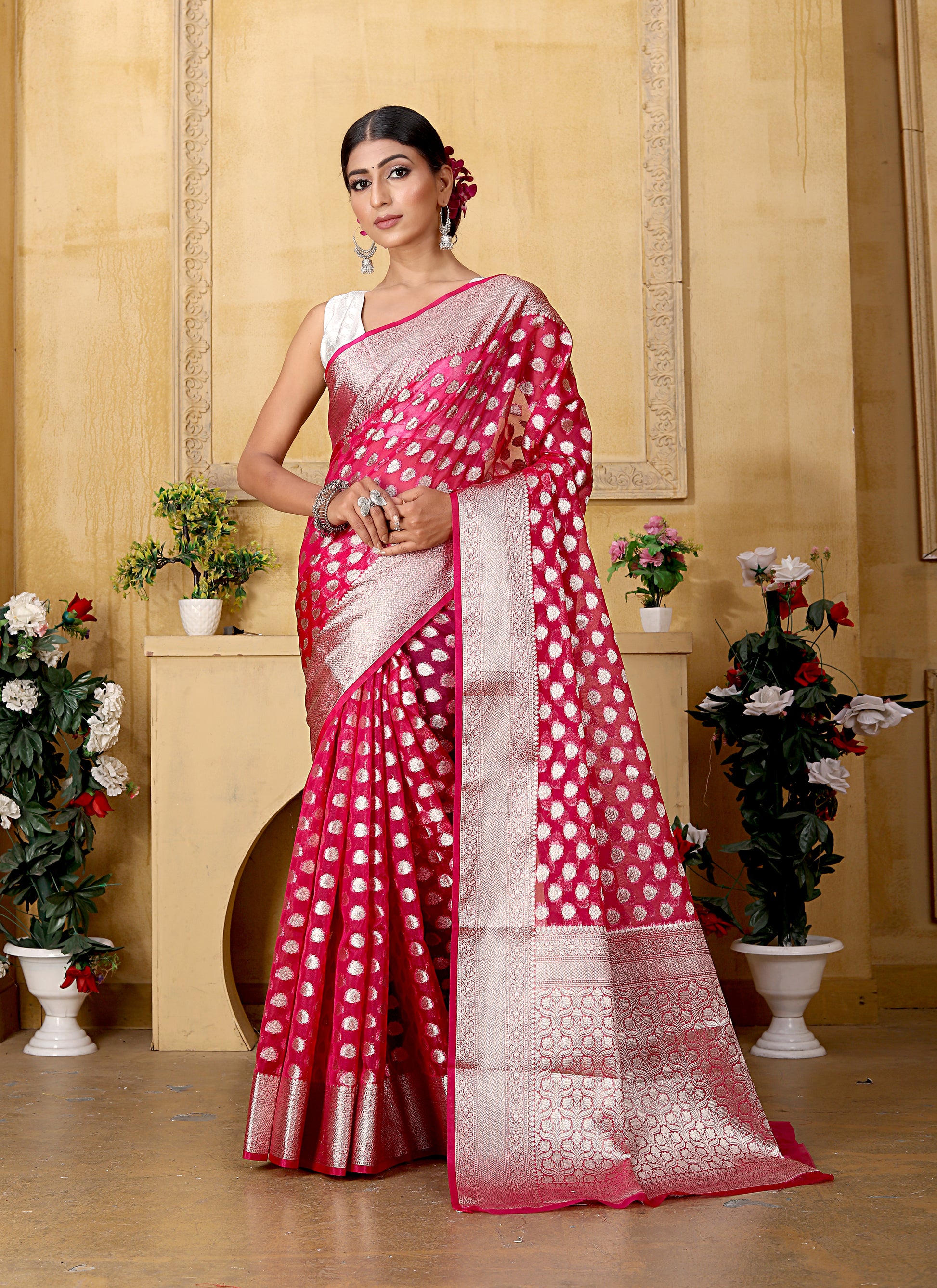 Dark Pink Banaras Kora Organza silk - AbirabyBeena