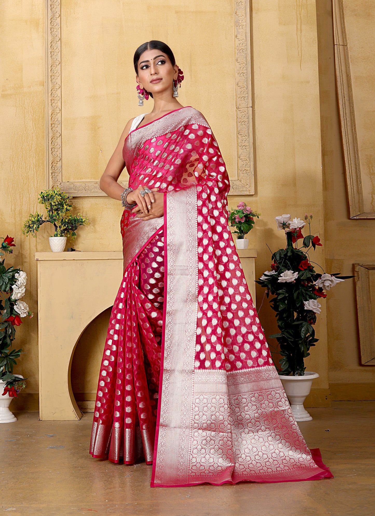 Dark Pink Banaras Kora Organza silk