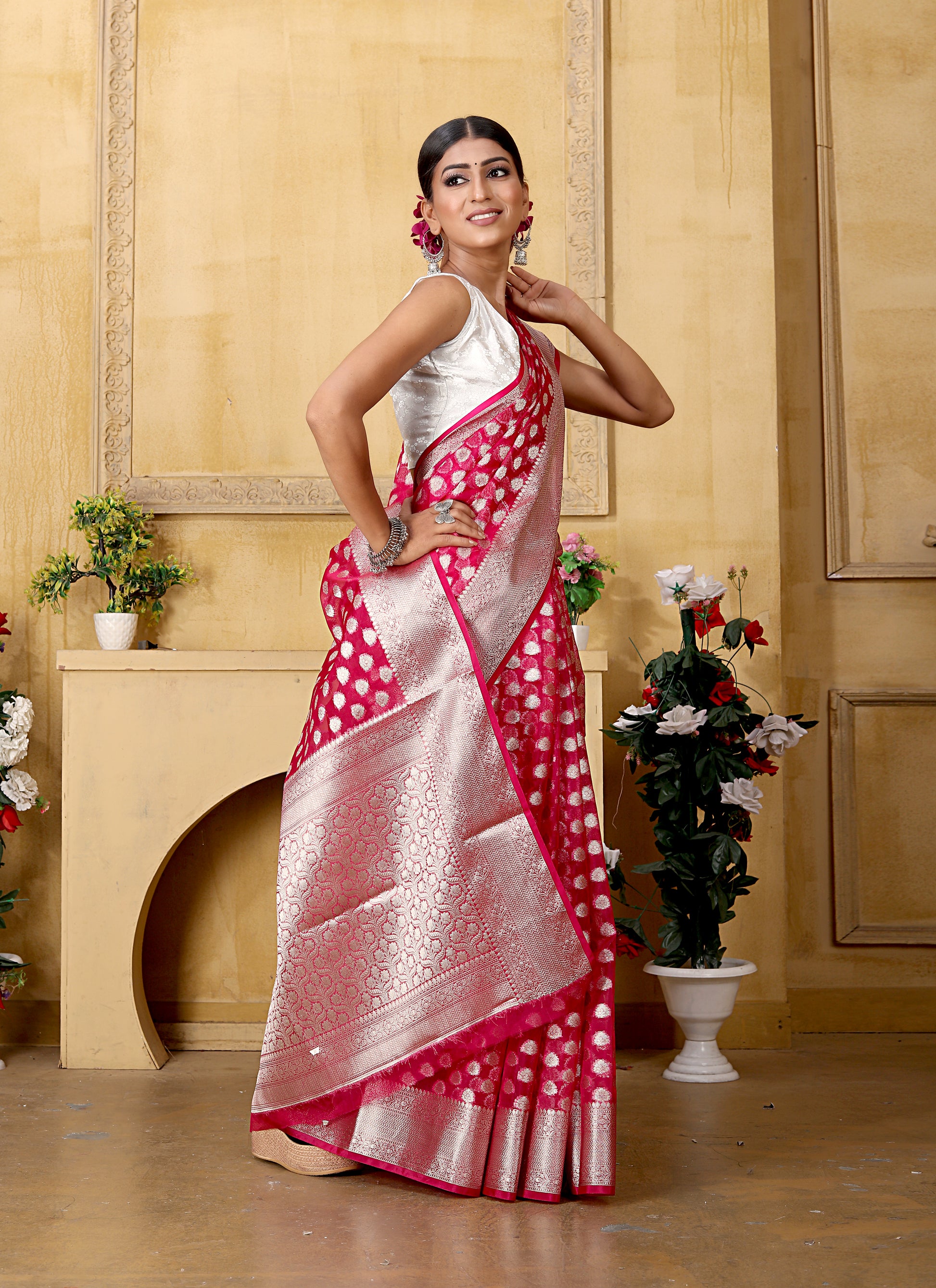Dark Pink Banaras Kora Organza silk - AbirabyBeena