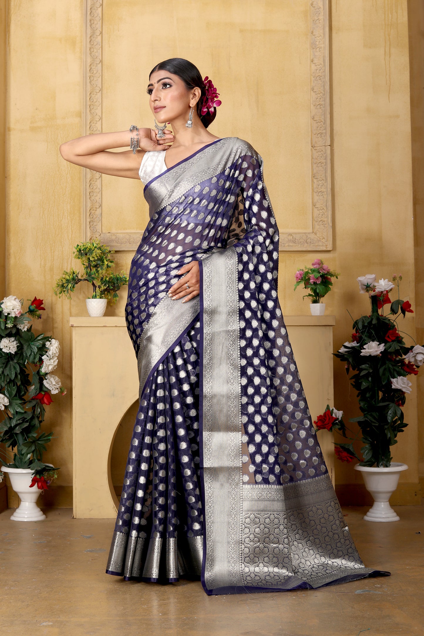 Navy Blue Banaras Kora Organza silk