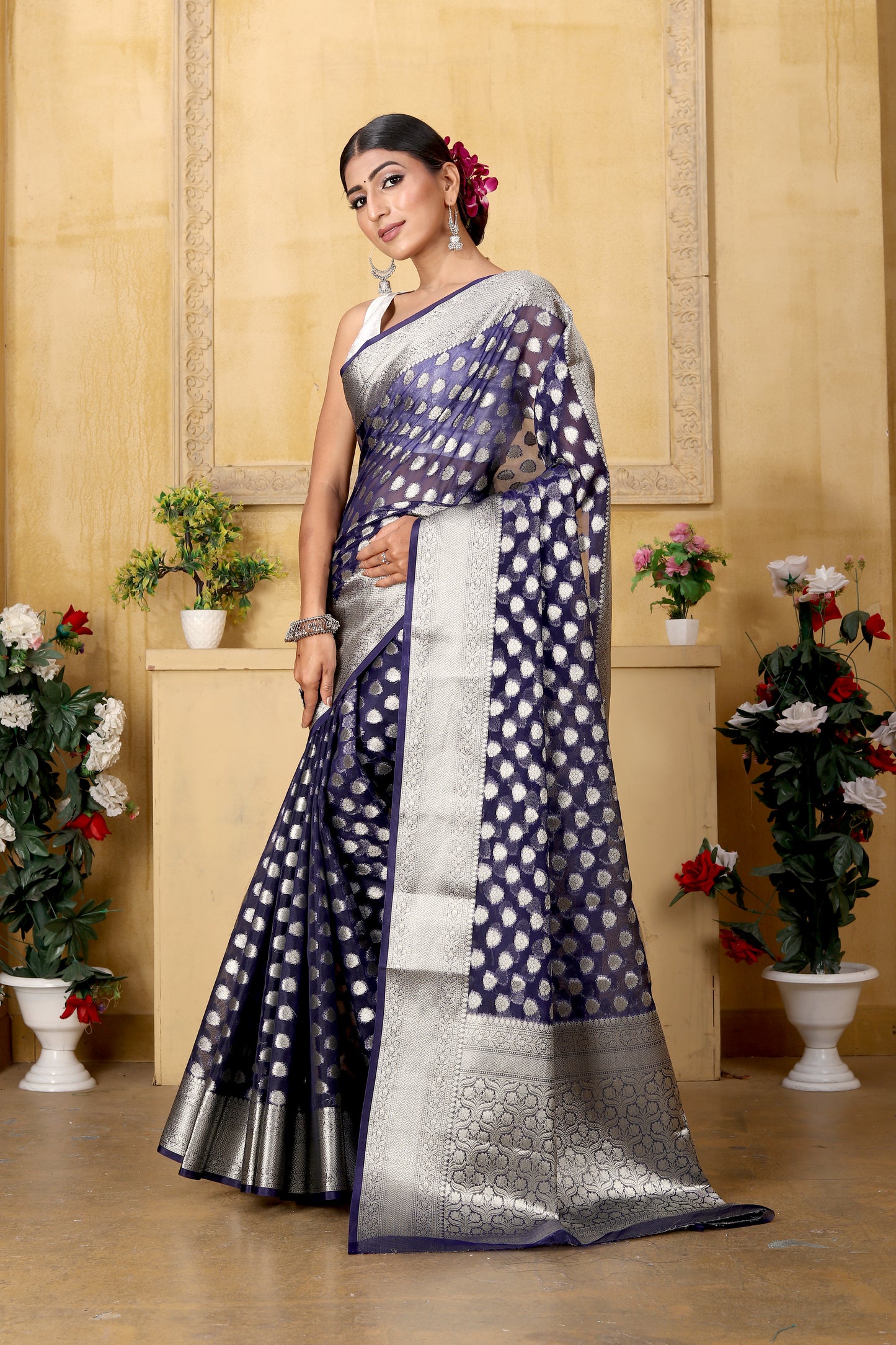 Navy Blue Banaras Kora Organza silk