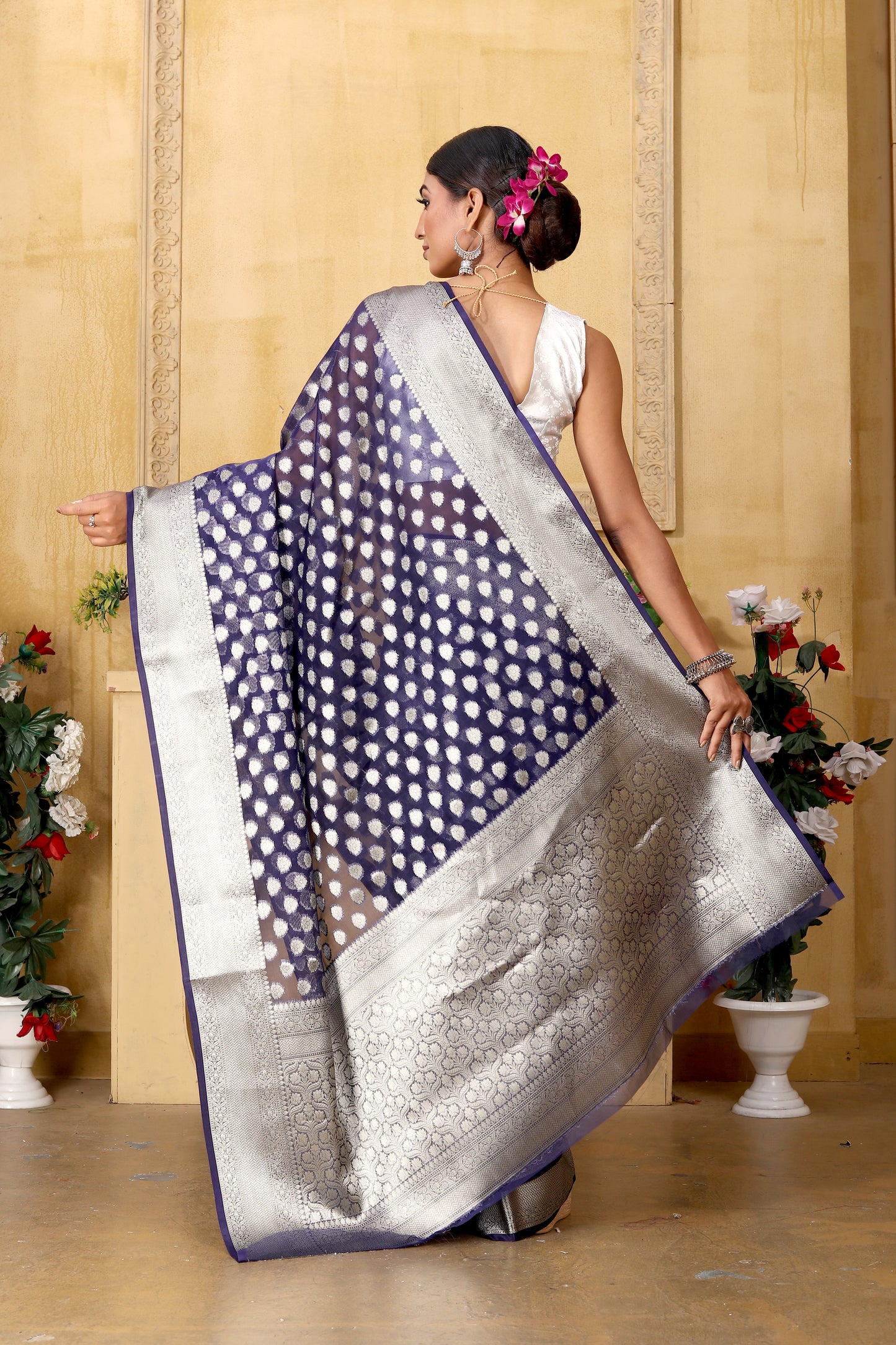 Navy Blue Banaras Kora Organza silk