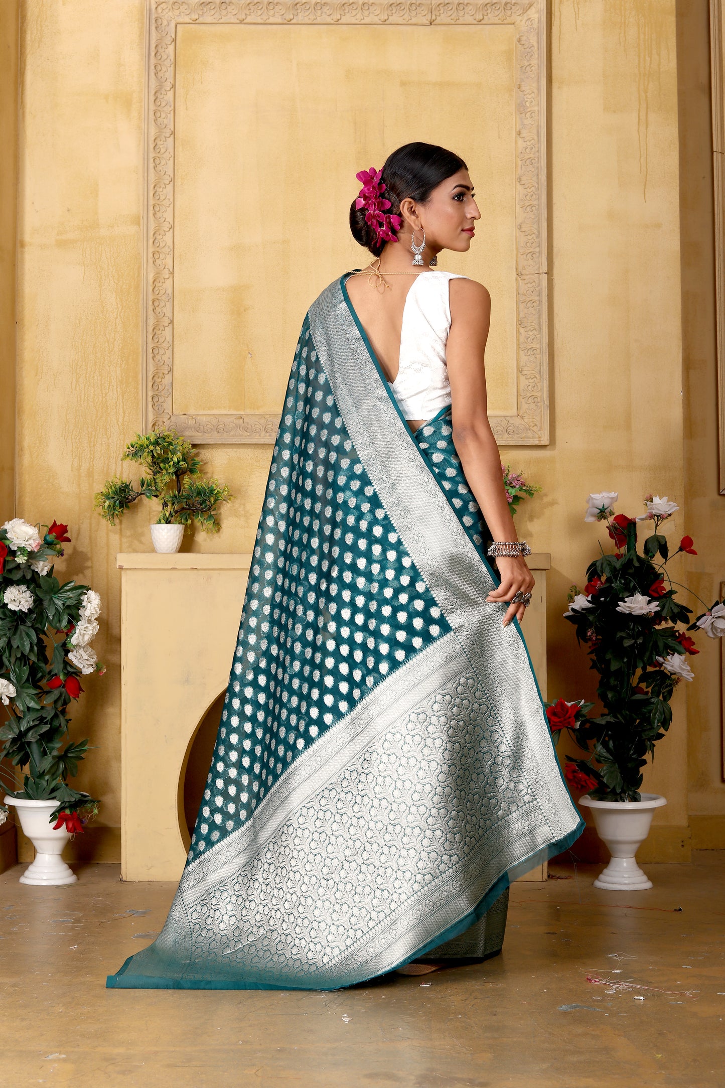 Turquoise Banaras Kora Organza silk
