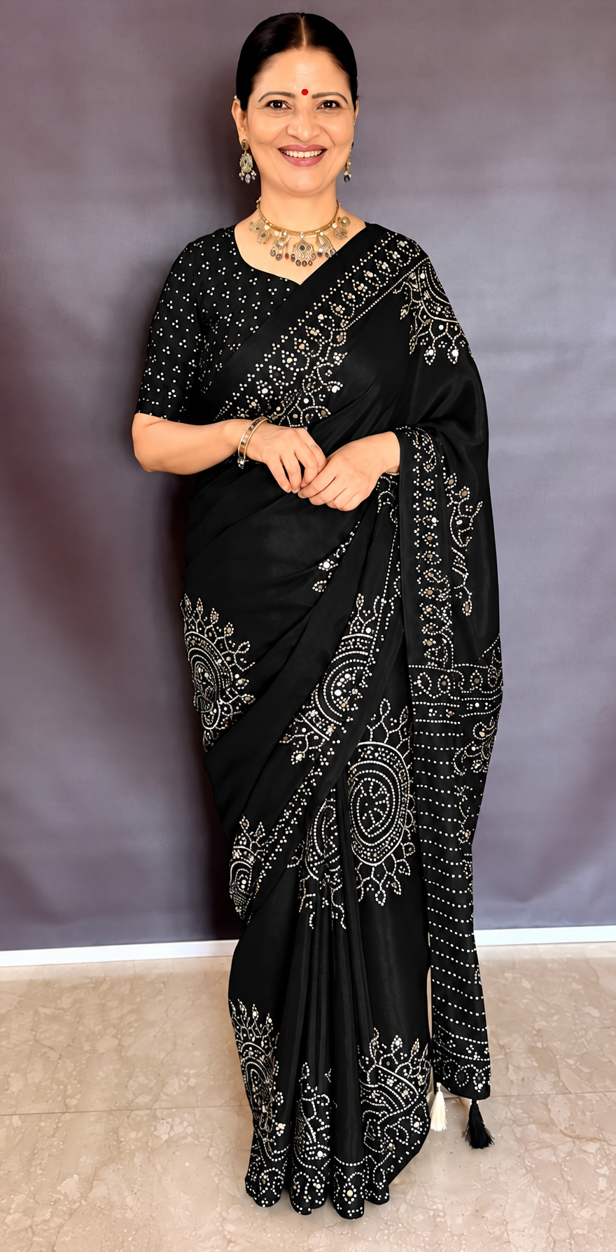 Black Mirror Work Art Silk Printed Saree
