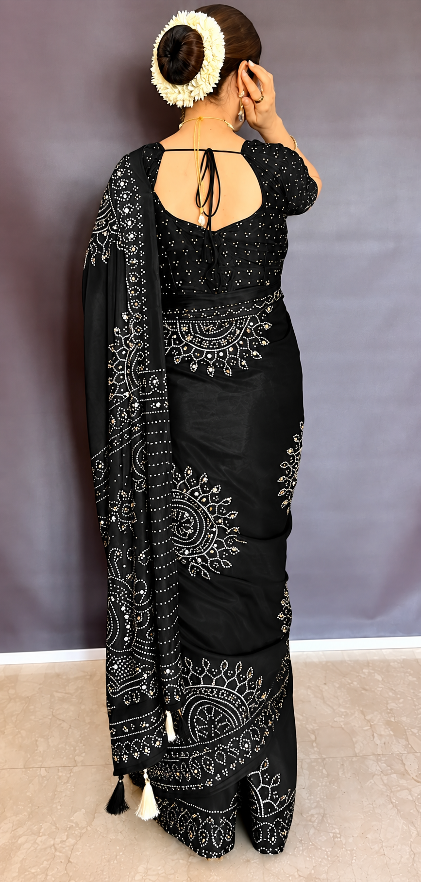 Black Mirror Work Art Silk Printed Saree