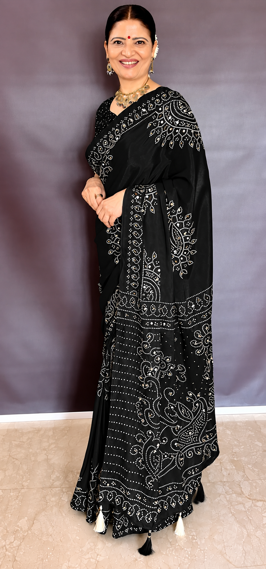 Black Mirror Work Art Silk Printed Saree