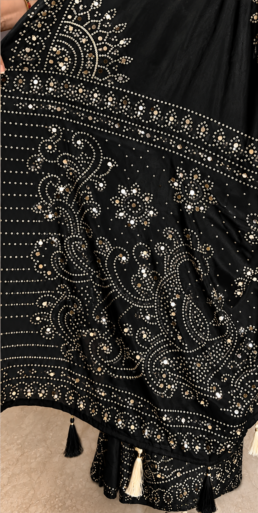 Black Mirror Work Art Silk Printed Saree