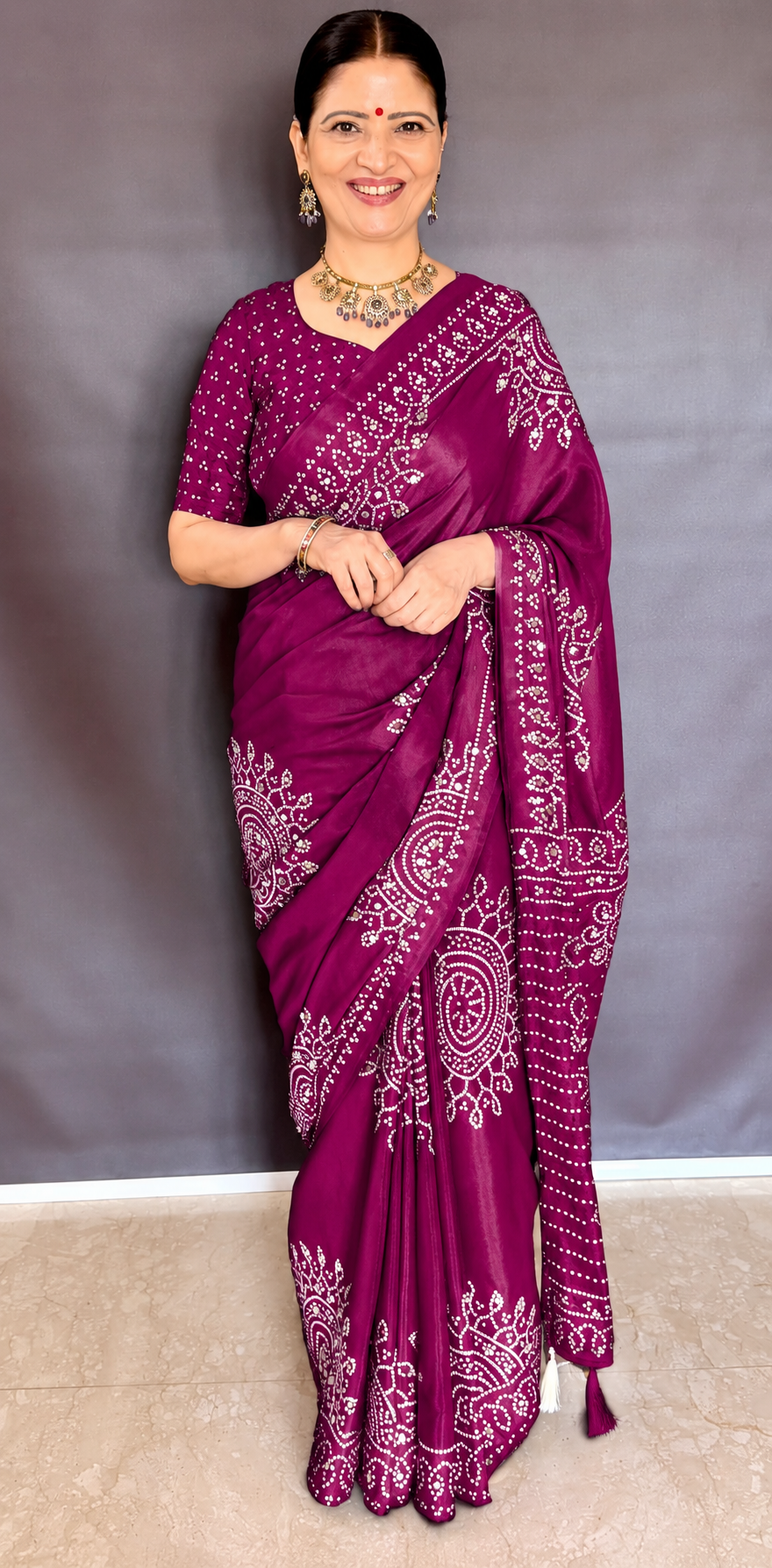 Magenta Mirror Work Art Silk Printed Saree