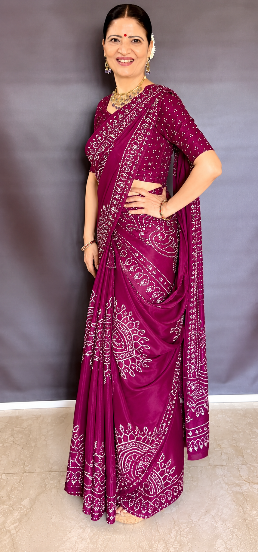 Magenta Mirror Work Art Silk Printed Saree