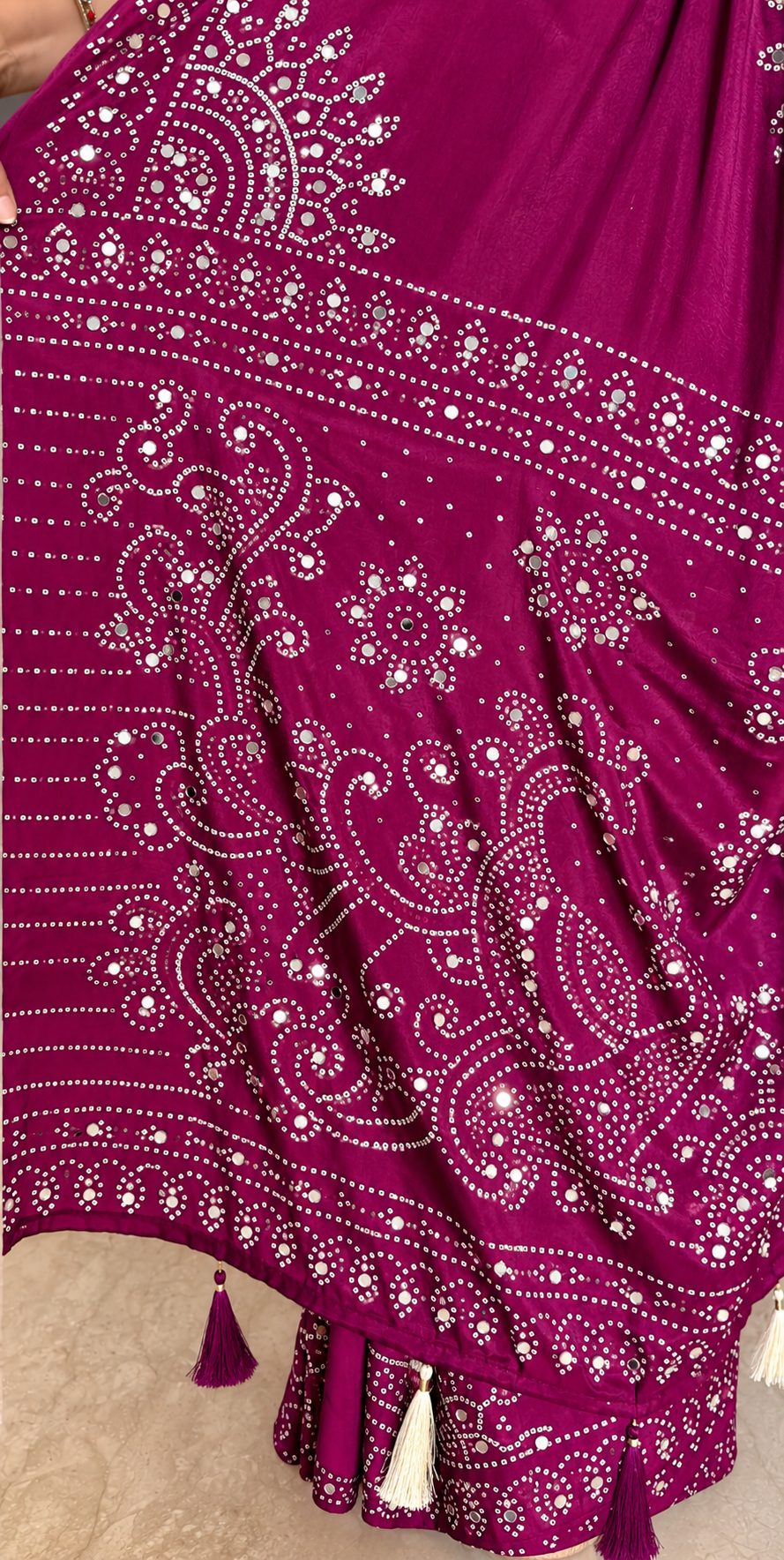 Magenta Mirror Work Art Silk Printed Saree