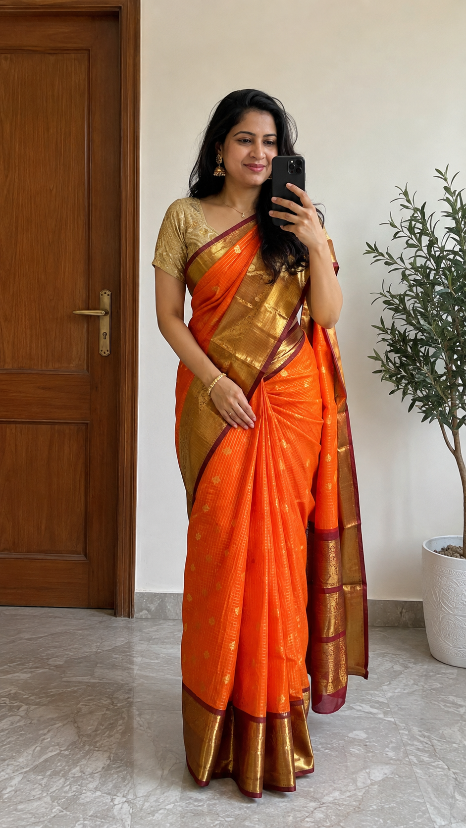 Soft Silk Saree – Vibrant Orange | Gold Zari Border