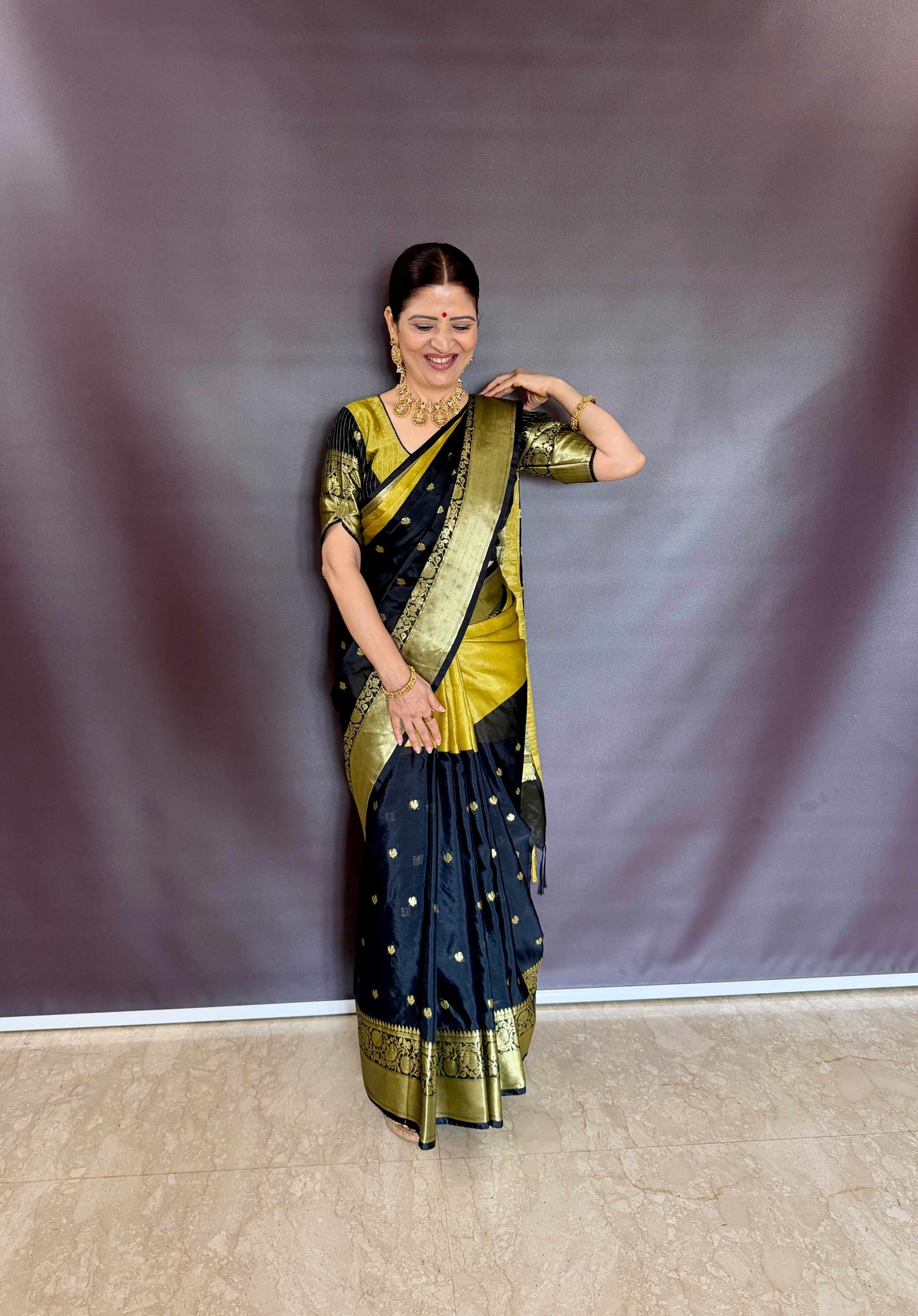 Dual Tone Soft Silk Saree – Black & Antique Gold