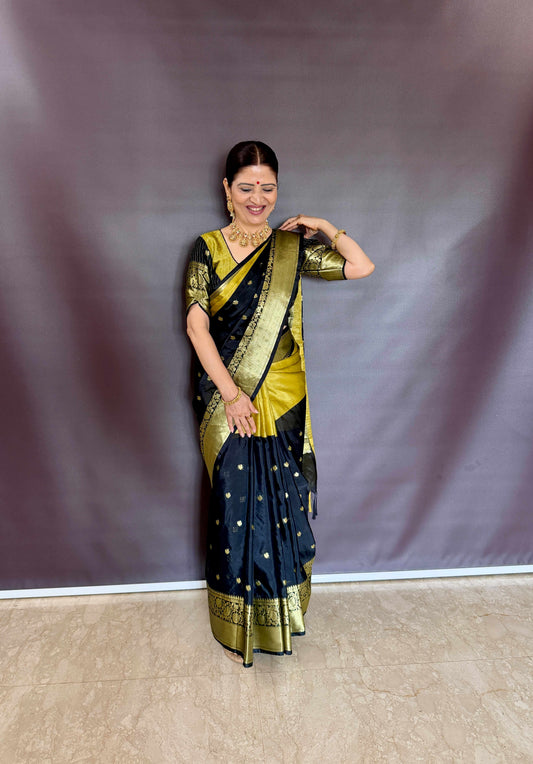 Dual Tone Soft Silk Saree – Black & Antique Gold