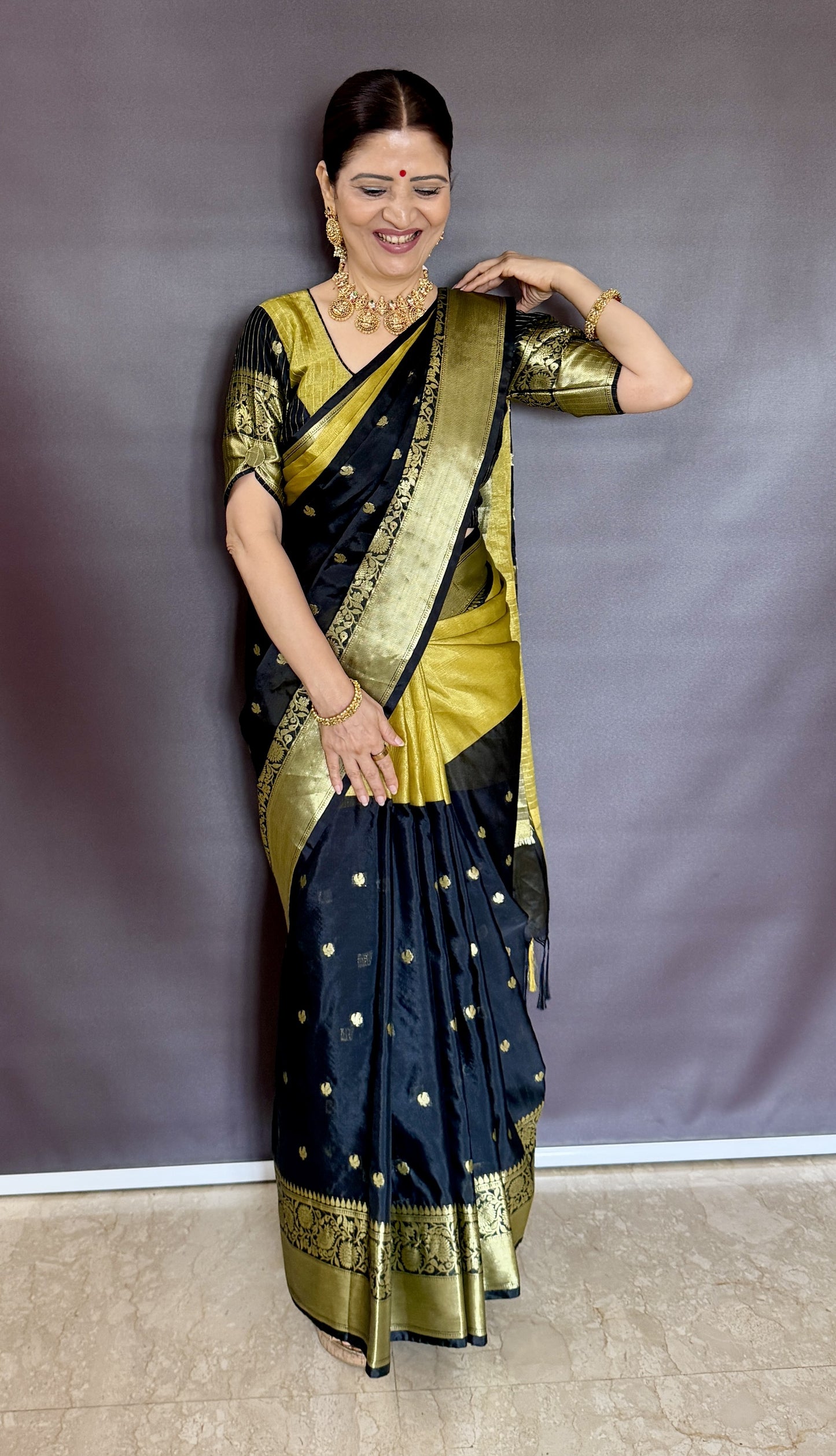 Dual Tone Soft Silk Saree – Black & Antique Gold