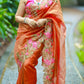 Embroidered cutwork tissue silk saree - Orange