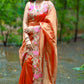 Embroidered cutwork tissue silk saree - Orange