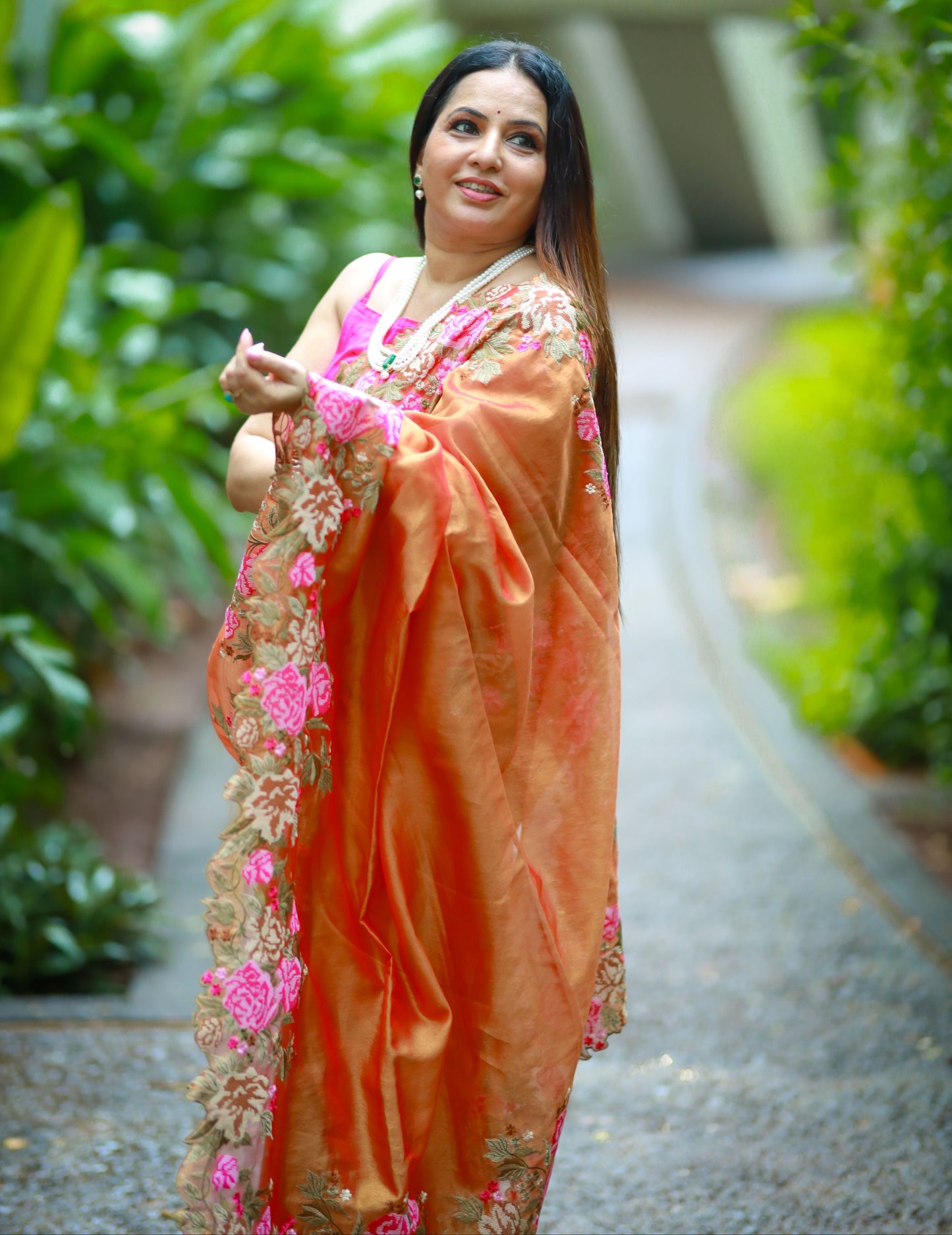 Embroidered cutwork tissue silk saree - Orange