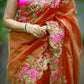 Embroidered cutwork tissue silk saree - Orange