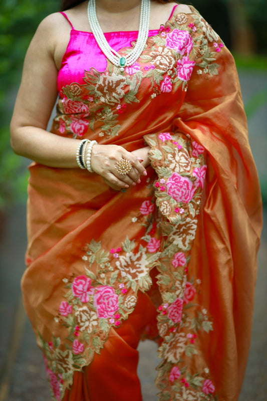 Embroidered cutwork tissue silk saree - Orange