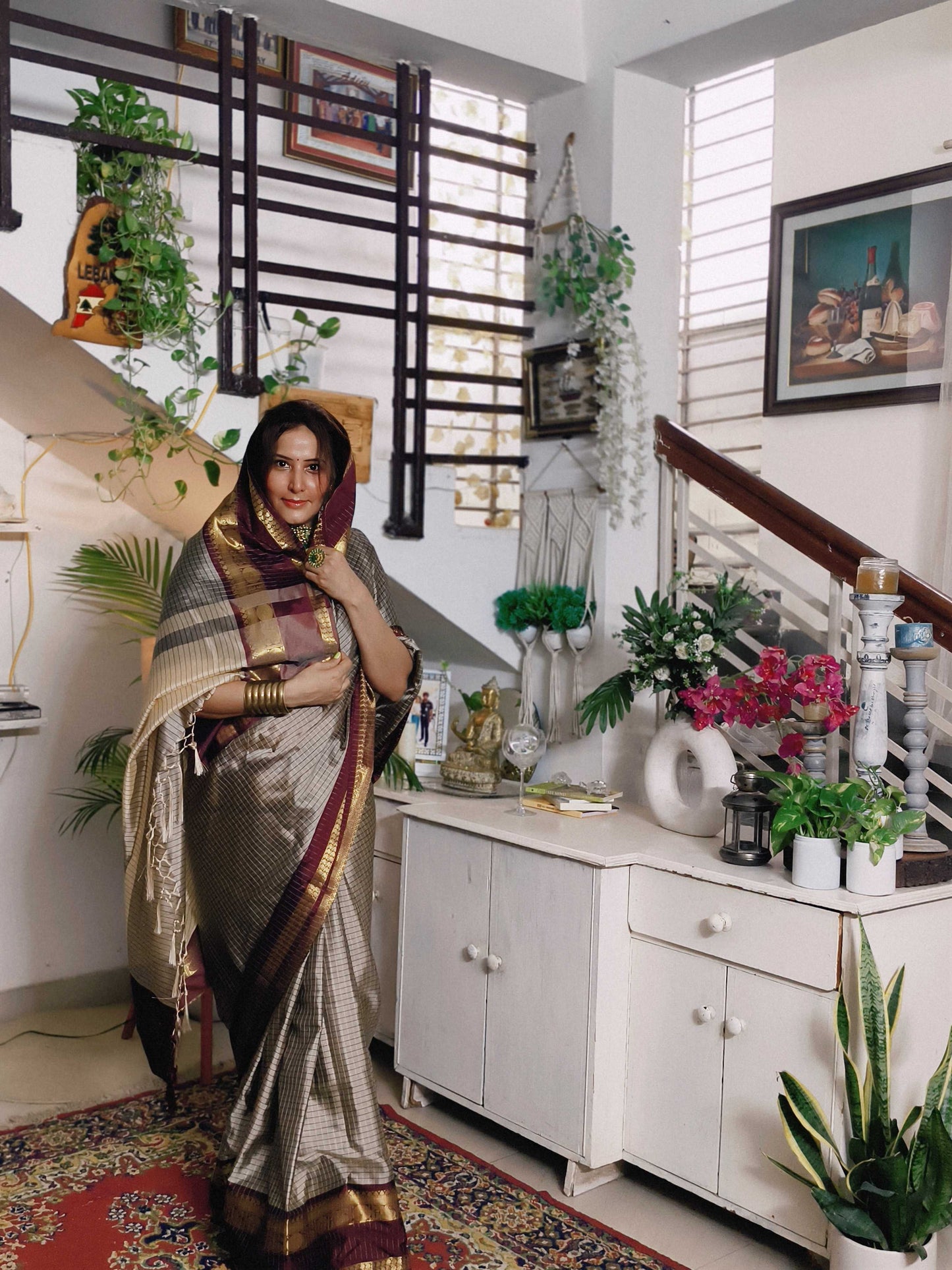 Checks Grey Soft Silk Saree with Maroon Border