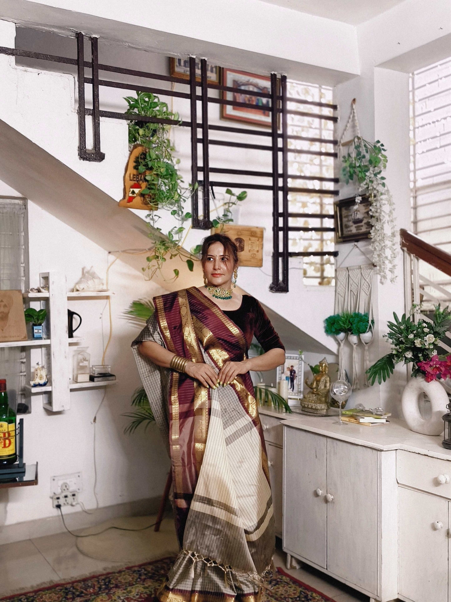 Checks Grey Soft Silk Saree with Maroon Border