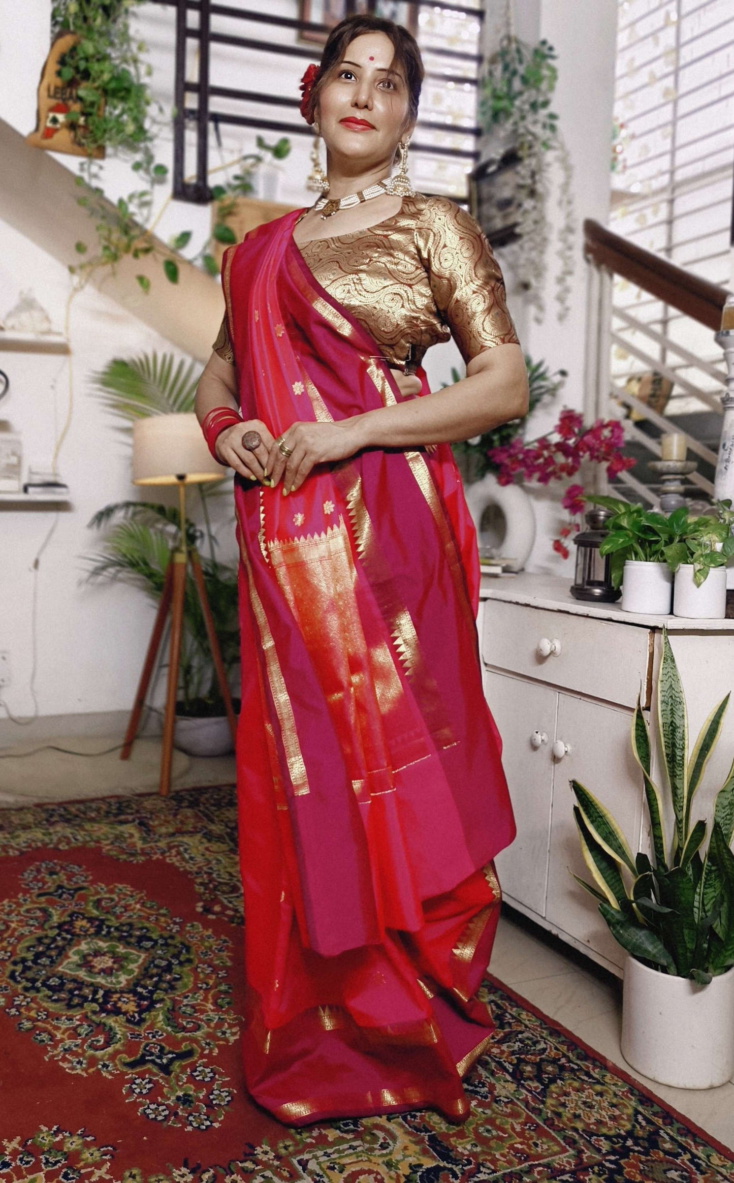Rani Pink Soft Katan Silk Saree with Red  emple Border