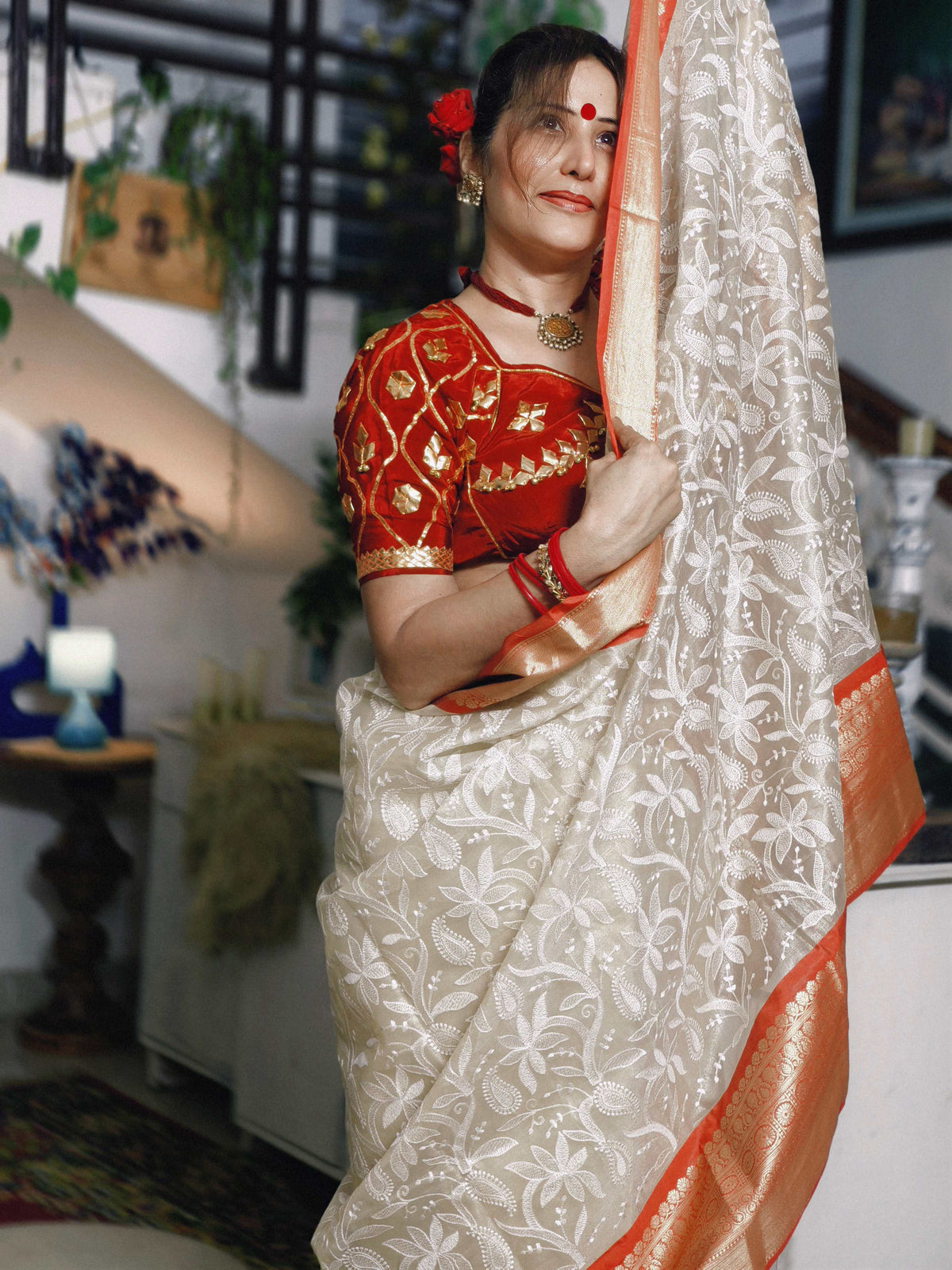 Ivory Embroidered Tissue Silk Saree - Red Border