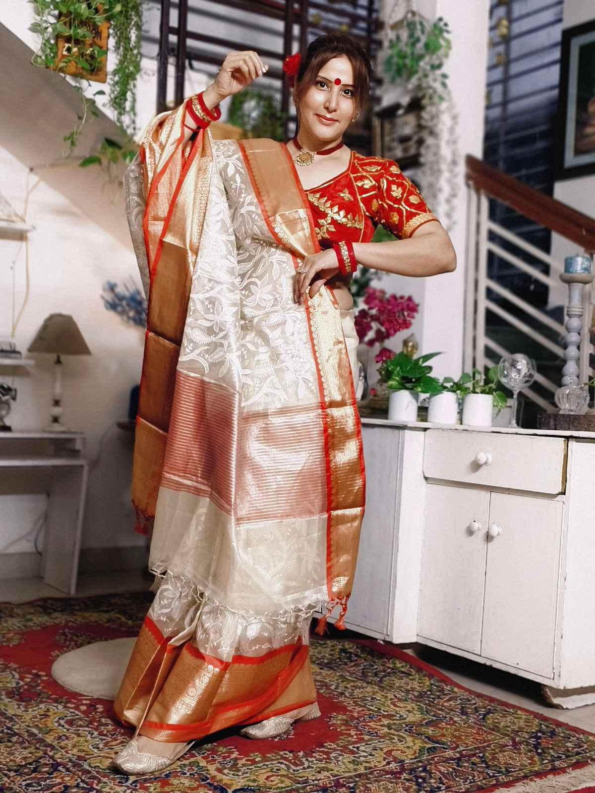 Ivory Embroidered Tissue Silk Saree - Red Border